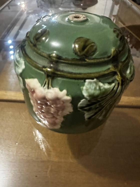 Art Nouveau lamp element in glazed ceramic with vine decoration, France, early 20th century (photo 2 of 13)