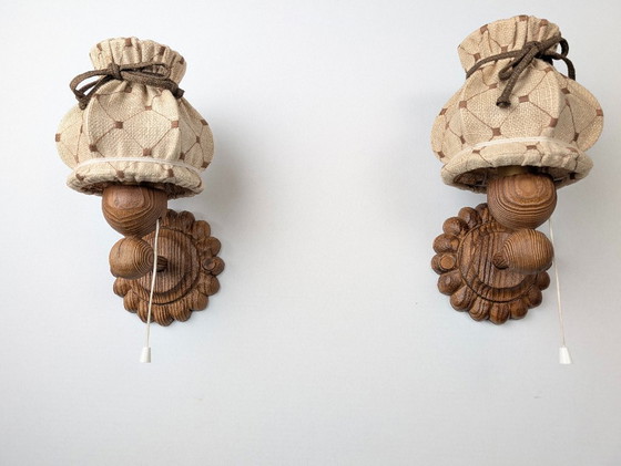 Image 1 of Carved Pine Wall Sconces with Jute Shades, Swedish Design, 1970s