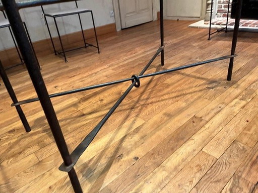 Table de salle à manger unique en fer forgé avec 6 chaises et plateau en verre