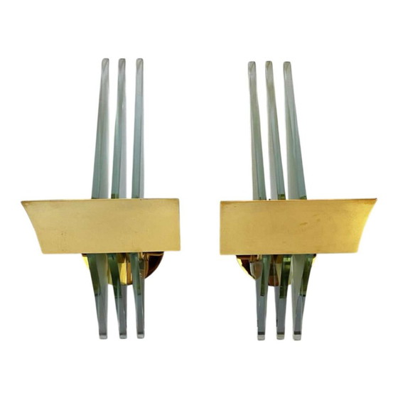 Hollywood Regency Wandlampen in vergulde messing voetstukken, 1970, Set van 2 – Metal, Glass, Art Deco (photo 2 of 15)