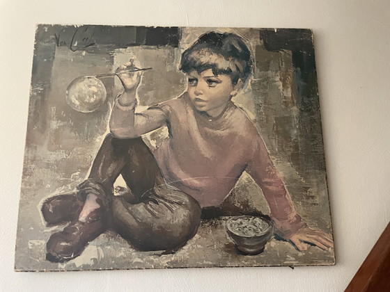 Image 1 of Vintage prent: Jongen met bellenblaas - jaren ‘60