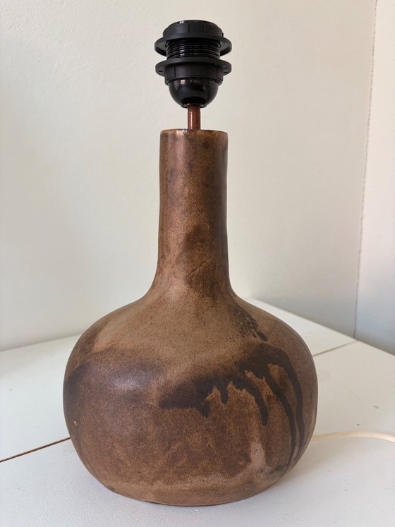 Image 1 of Ceramic table lamp with raffia shade – studio ceramics, matte flow glaze, 1960s/70s
