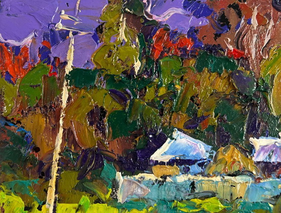 Image 1 of Original Oil Painting Summer Houses Landscape On the edge of the village — time stops