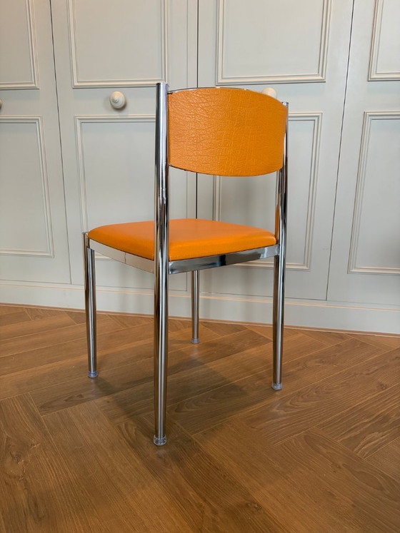Set of six dining chairs, orange with chrome, Metal, Skai, Vintage (photo 3 of 7)