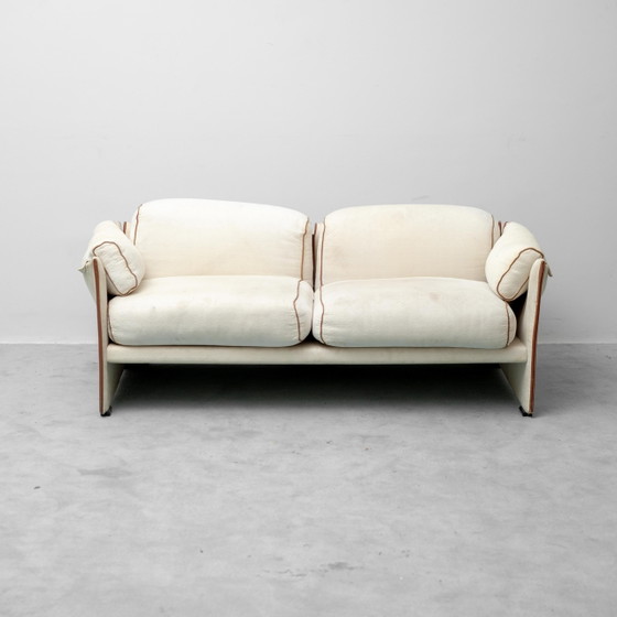 Divano vintage a 2 posti in tessuto beige e marrone, moderno anni '70 – Sofà (photo 8 of 11)