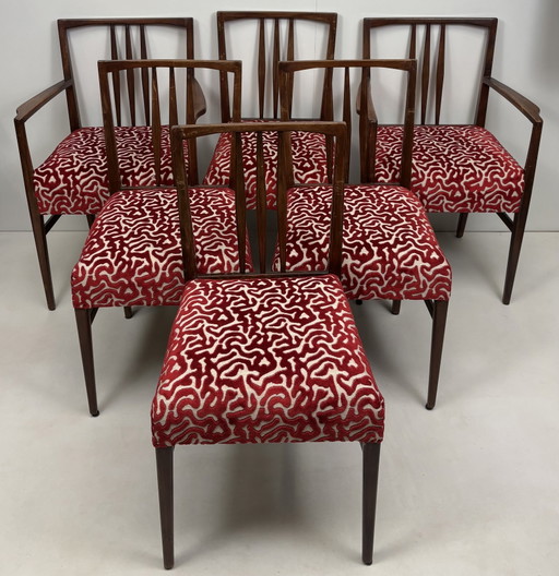 6 x Vintage Gordon Russell Dining Chairs Wood W.H. Curly Coral Print Seat – eetkamerstoelen, Velvet (photo 2 of 15)