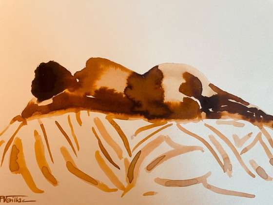 Image 1 of Aquarelle monochrome couleur tabac portrait féminin « sieste au Kenya »