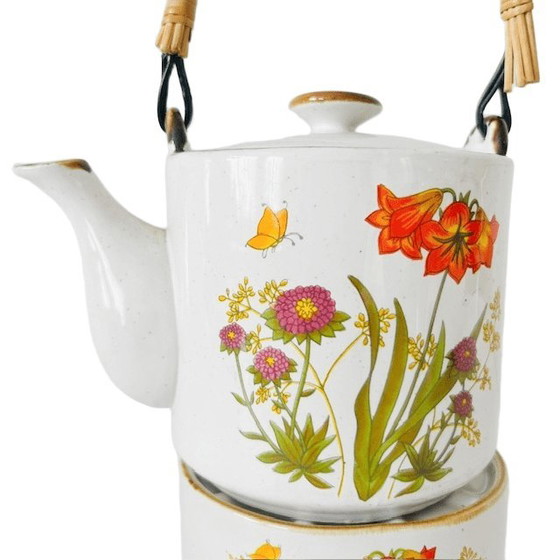 Image 1 of Teiera in ceramica vintage e scaldavivande con fiori selvatici, stile rustico retrò anni '70.