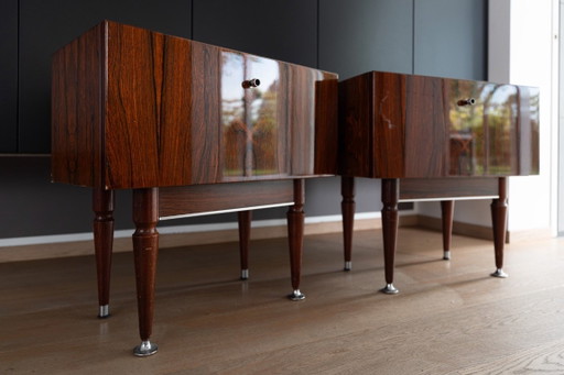Vintage mid-century nachtkastjes (2x) – Palissander & glas