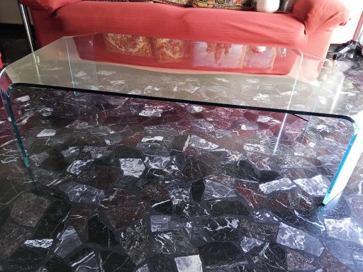 FIAM Italia – Table basse originale en verre courbé, logo gravé, design vintage des années 1980