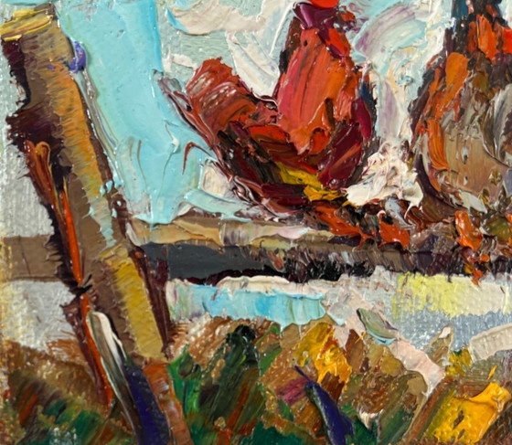 Image 1 of Peinture à l'huile originale, paysage animalier d'été, chant du coq au petit matin