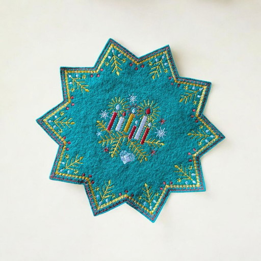 Kleines sternförmiges Vintage Weihnachts-Platzdeckchen – Filz, Grün mit gold-roten Stickereien