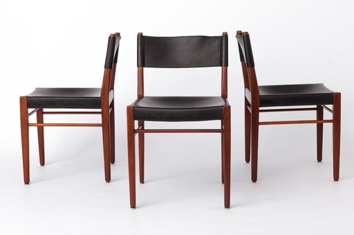 Set of 3 Helmut Magg Dining Chairs – Model 3024 for Deutsche Werkstätten, Mid Century Teak Chairs with Black Saddle Leather