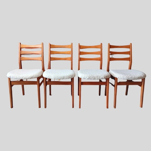 Juego de 4 sillas de comedor danesas en teca y bouclé, años 60