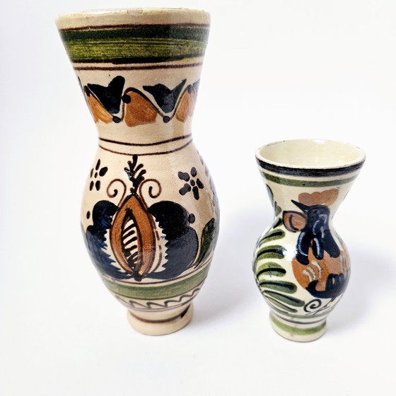 Image 1 of Transylvania Floral Ceramic Jugs Pitchers Vases |2 Pcs Set Vintage Traditional HandPainted Hungarian Folk Art Pottery | Korond 