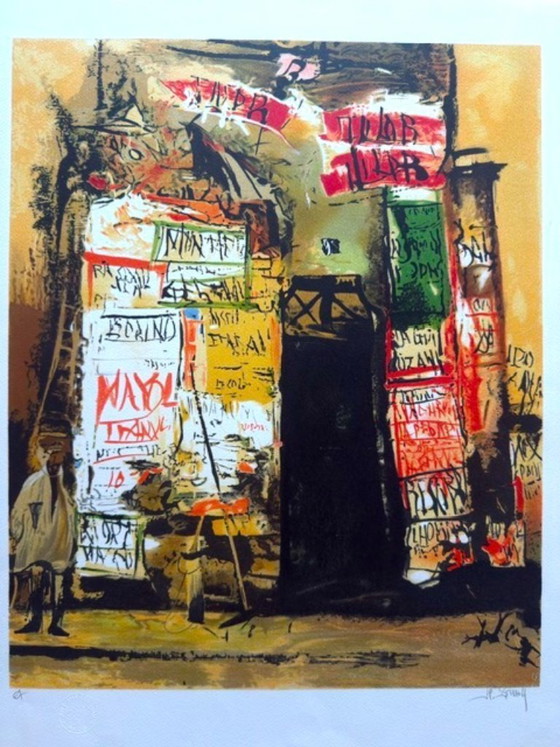Image 1 of Litografia originale "Composizione con manifesti e graffiti" - Scuola francese del XX secolo