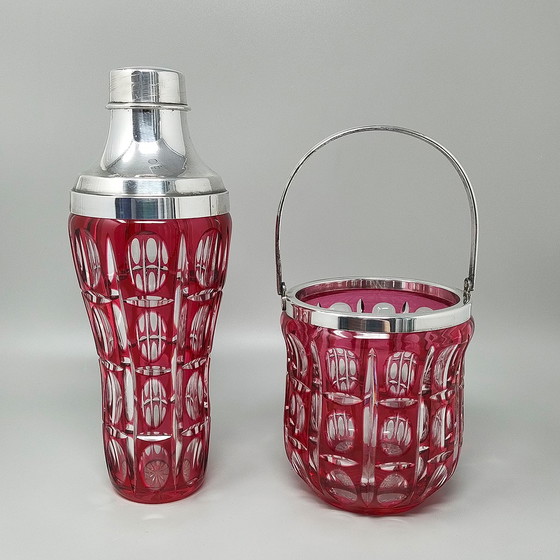 Image 1 of 1960s Gorgeous Bohemian Red Cut Crystal Glass Cocktail Shaker With Ice Bucket. Fabriqué en Italie