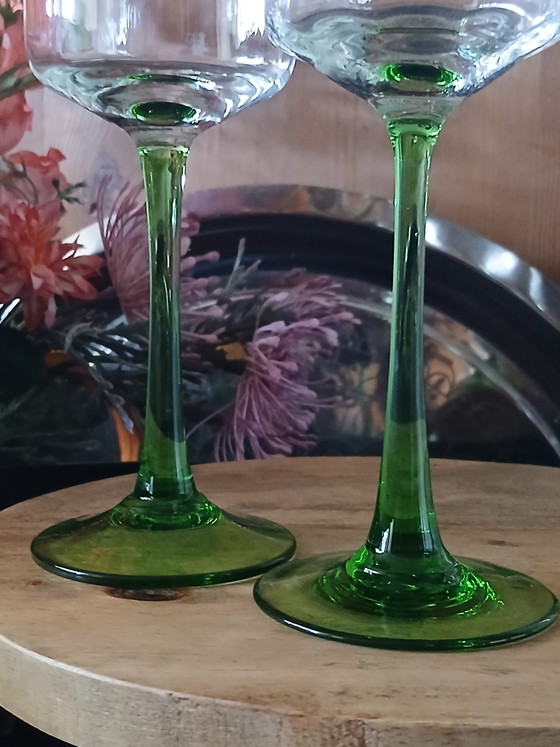Image 1 of Set of 5 antique hand-blown Art Nouveau wine glasses