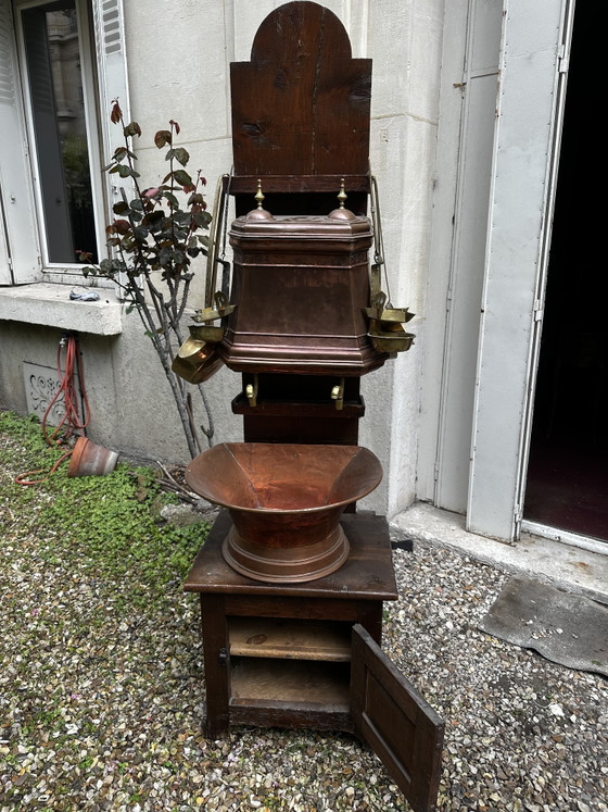 Image 1 of Large French Copper and Brass Wall-Mounted Kitchen Fountain with Basin, Early 19th Century