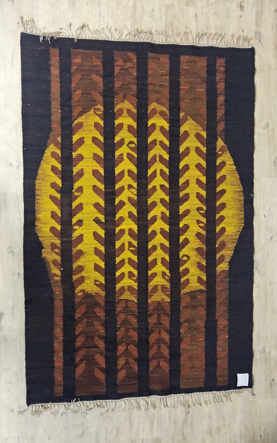 Image 1 of Vintage wollen Design Kilim Tapijt Maria Janowska (Zachód) zonsondergang (Poolse kunst)