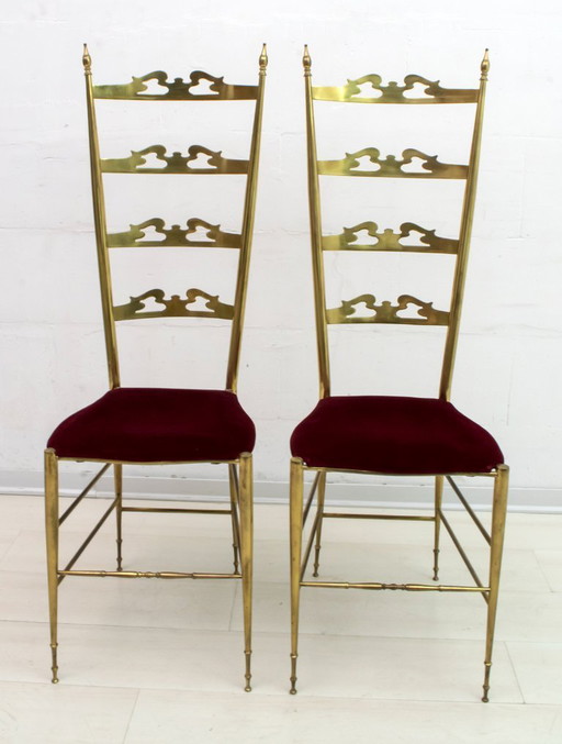 Pair of Mid-Century Modern Italian Brass High Back Chiavari Chairs, 1950s