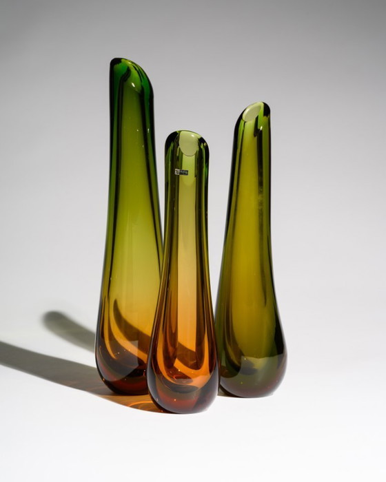Image 1 of WMF Glass Vase Trio by Erich Jachmann – Sculptural Gradient Forms in Green & Amber, Germany, 1950s