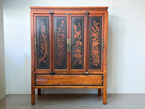 Image 1 of Chinese Cabinet with Floral Motifs – Signed Interior