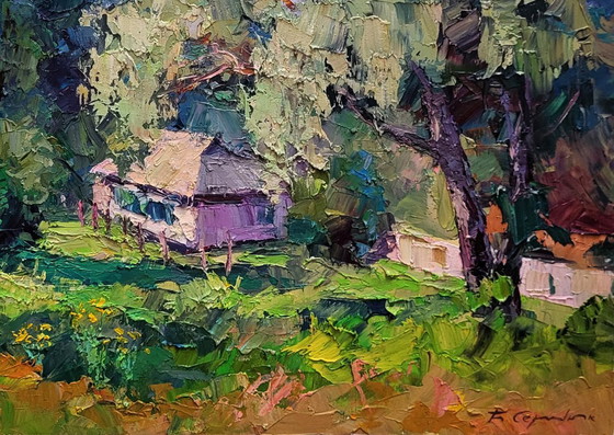 Original Oil Painting Rural Summer Landscape Village House Among Greenery – Paintings & Drawings, Canvas (photo 7 of 7)