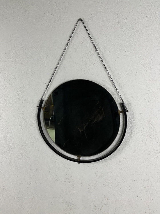 Image 1 of Round varnished metal and brass mirror with chain, 1950s