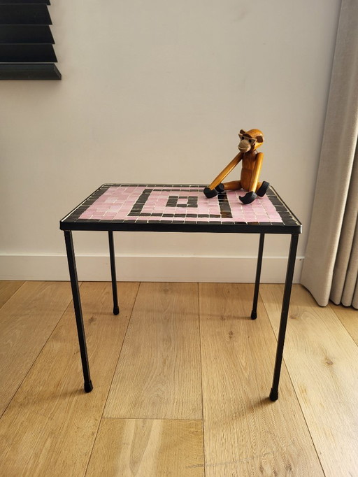 Vintage plant table with tiled mosaic top in pink and black color, 1960s