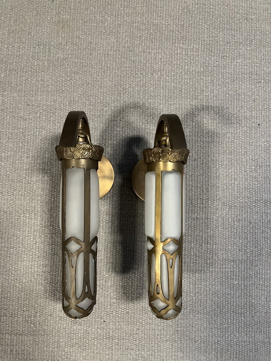 Image 1 of Vladimir Kriatkow lamp, bronze with milk glass, hand-blown using a traditional technique. Made in India.