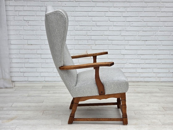 Image 1 of Dänischer Hochlehner-Sessel aus den 1950er Jahren, neu bezogen, Wolle, Eichenholz.