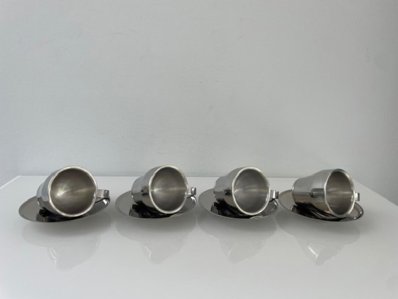 Image 1 of Set of 4 stainless steel espresso cups with saucers