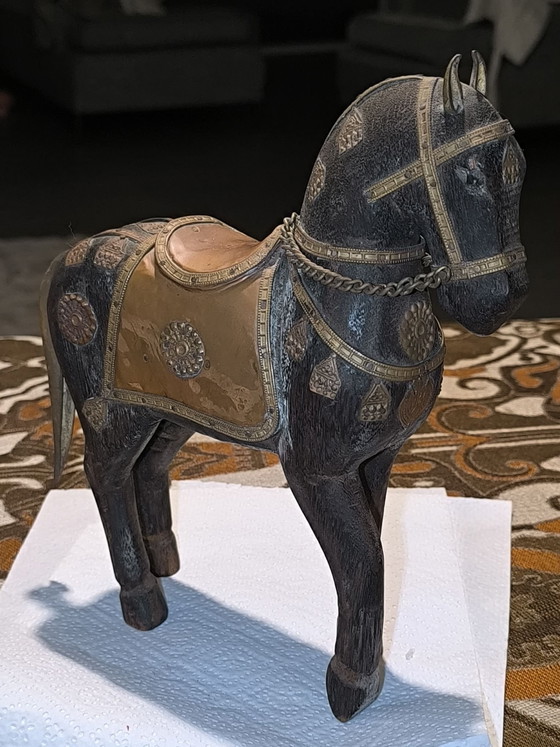 Beautiful vintage Indian Wooden horse - hand carved, Sculpture, Brass, Black (photo 4 of 11)