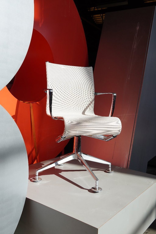 White chair: Alias ​​model 437, self-adjusting swivel chair with armrests and a four-star base with glides.