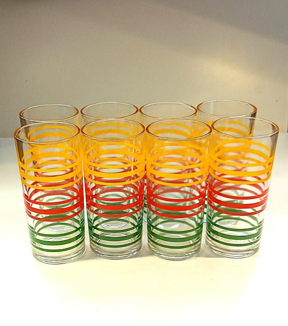 Image 1 of (W006) Lot de 8 verres à rayures Libbey Fiesta Mambo vintage – Splendeur rétro des années 70