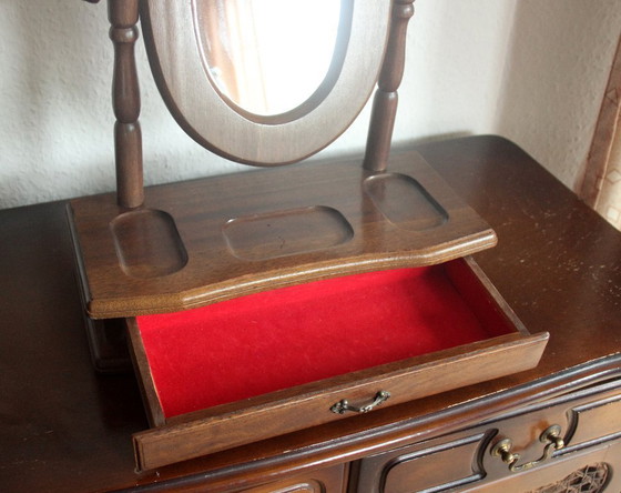 Image 1 of Beautiful small vanity mirror/cosmetic mirror made of wood and glass with drawer - Vintage 80s