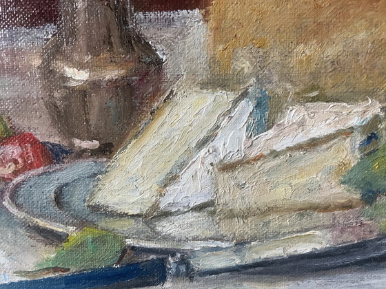 Image 1 of French stillife with brie, radishes and wine