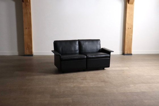 Image 1 of Dieter Rams Modell 620 Zweisitzer-Sofa aus schwarzem Leder für Vitsoe, 1980er Jahre
