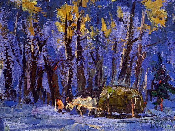 Image 1 of Original Oil Painting Winter Forest Landscape Home on a winter evening