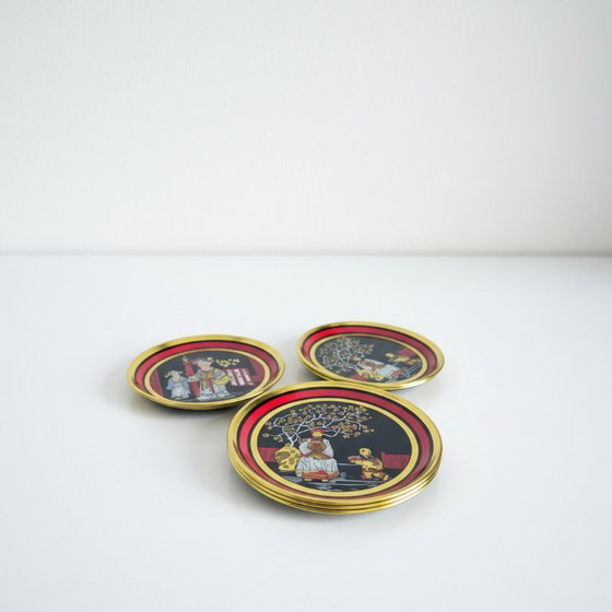 Image 1 of Vintage Set of 11 Coasters with Chinese Motif: Emperor and Geisha, 1970s