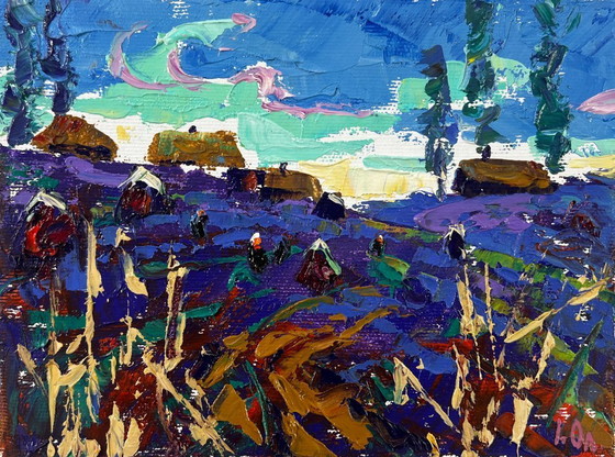 Image 1 of Original Oil Painting Summer Field Landscape Evening in the village