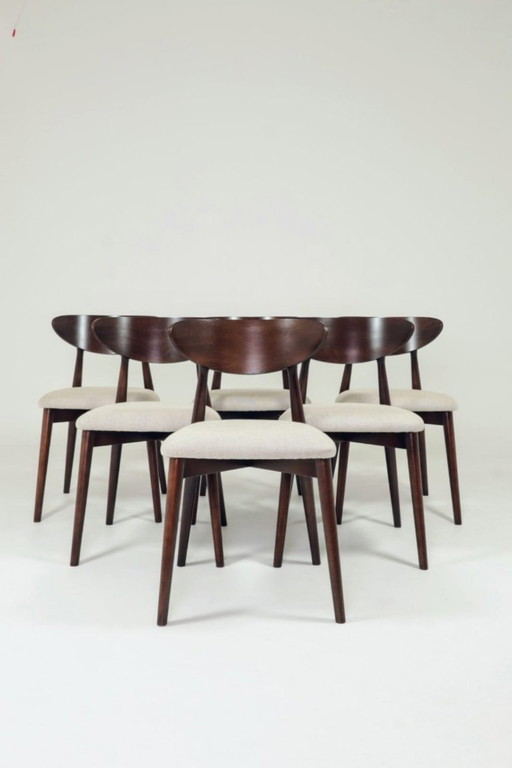 Ensemble de 6 chaises de salle à manger, noyer foncé, tapisserie d'ameublement beige à chevrons, design naturel