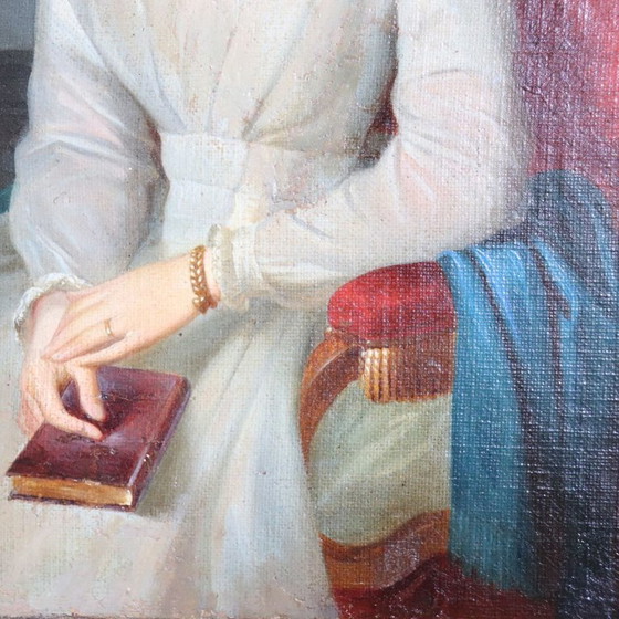 Image 1 of Portrait of a Young Woman with a Book, Oil Painting on Canvas, Italy 19th Century