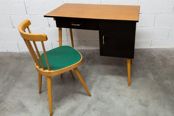 Image 1 of Baumann Schreibtisch und Stuhl, 1960er Jahre, Formica, Holz und Schwarz, grüner Sitz