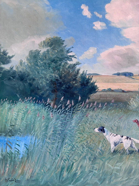 Image 1 of Grande peinture à l'huile originale vintage représentant un paysage avec un chien
