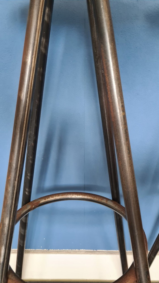 Image 1 of Set (2x) industrial vintage metal bar stools metal & wood