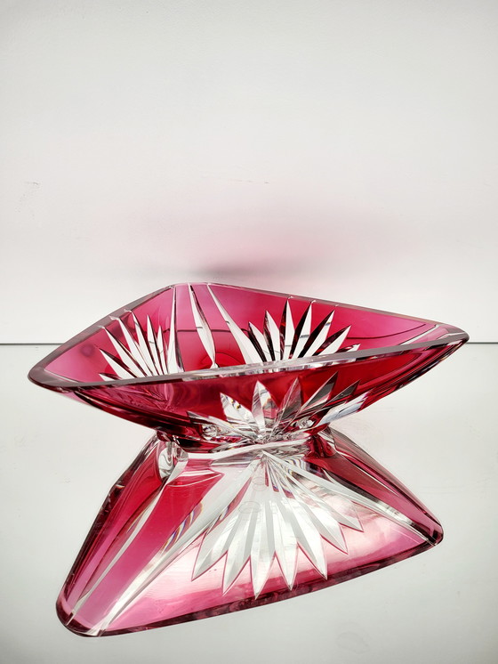 Image 1 of Val Saint Lambert Crystal Art Deco Bowl, Emerald Red Color And Clear Glass, Belgium