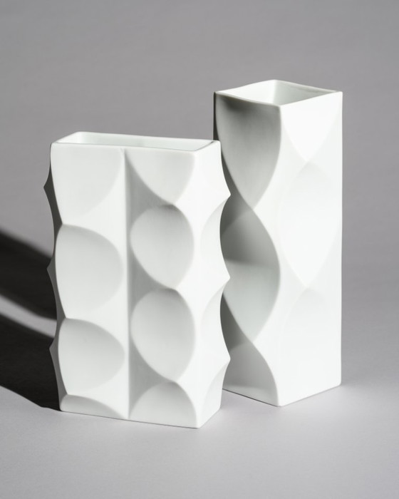 Image 1 of Heinrich Fuchs Lorenz Hutschenreuther “ARCHAIS” Bisque Porcelain Vase Duo Op-Art
