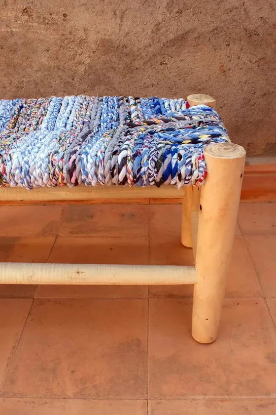 Blue woven and wood bench stool – Benches (photo 5 of 8)
